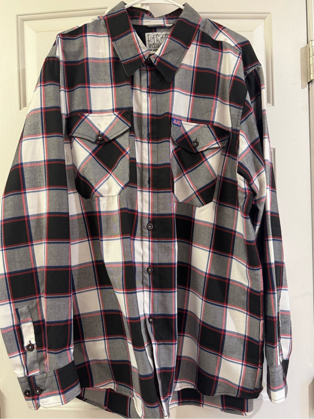 DIXXON “Boat Tail” Black, White & Gray Plaid Button-Down Shirt with Red Trim